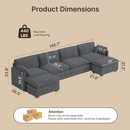 Gizoon 4 Seater Modular Sectional Cloud Sofa with 2 Movable Ottomans U Shaped Corduroy Deep Seat Sofa Couches with Double Layer Upholstered Seat Cushion, Pet-Friendly Fabric, Gray