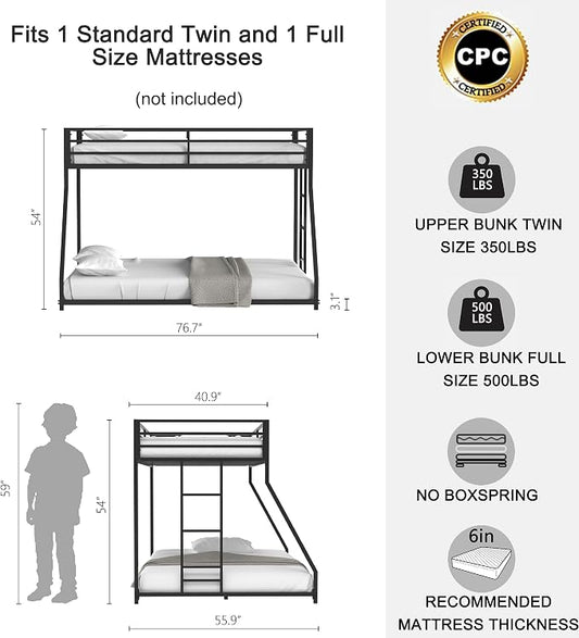 EMKK Twin Over Full Bunk Bed for Adults, Metal Bunk Beds Twin Over Full Size for Teens Dorm Bedroom Guest Room,Heavy Duty Bunk Beds with Ladder and Safety Full Length Guardrail (Black A)