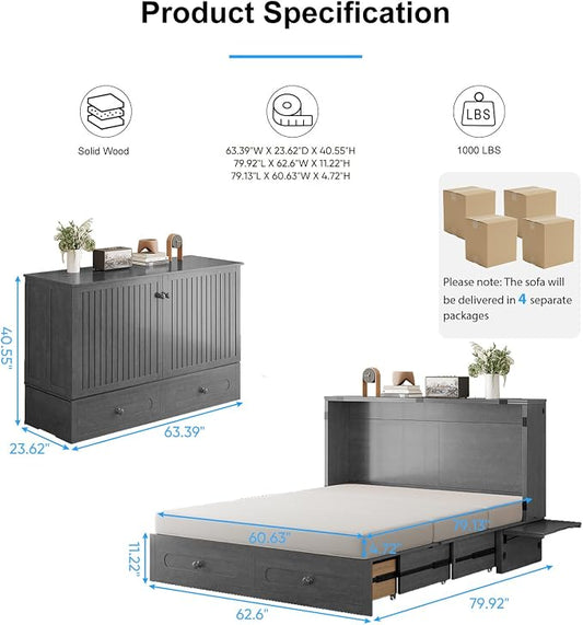 PUREMIND Queen Murphy Bed with Mattress Included, Folding Convertible Bed, Hideaway Cabinet Bed with Storage Drawer & USB Charging Station, Space Saving Wallbed for Small Spaces, Gray