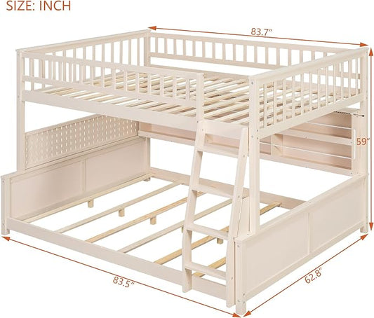 Full XL Over Queen Bunk Bed, Wood Bunk Bed with Integrated Shelving, Color-Changing Lights and Pegboard for Kids Teens Adults, Beige
