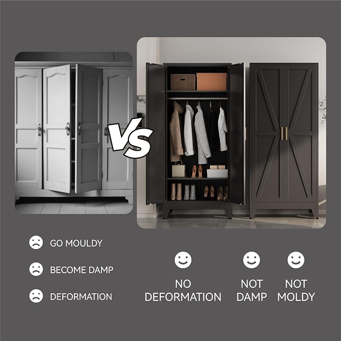 Metal armoire Wardrobe Closet with Hanging Rod,71'' Metal Wardrobe Cabinet with 2 Doors and 2 Adjustable Shelves, Bedroom armoires,Laundry Room cabinets,armario de ropa Closet