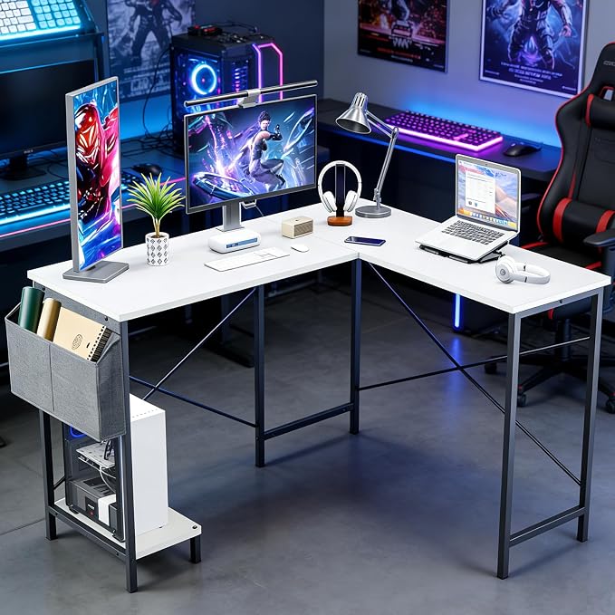 L-Shaped Home Office Computer Desk, Gaming Desk with CPU Stand Shelf and Hanging Storage Pocket, Corner Student Study Writing Table, Sturdy Metal Frame, 43.3" D x 50" W, Classic White