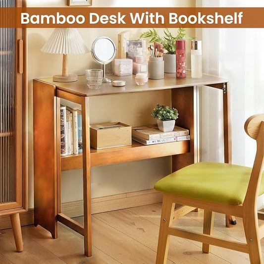 Bamboo Foldable Desk, 41" Folding Bamboo Desk for Small Spaces, Mid Century Small Computer Desks with Bookshelf, Wooden Desks for Home Bedroom Study Office, Brown