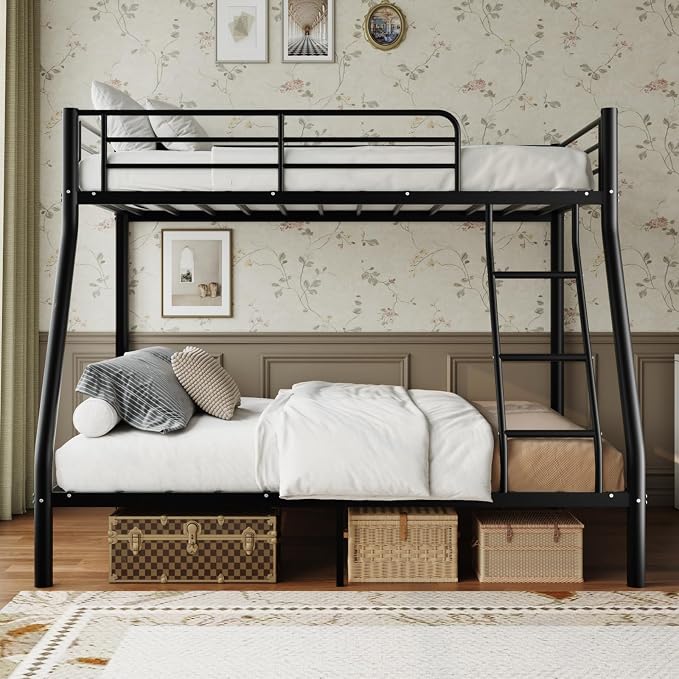 Metal Twin Over Full Bunk Bed丨 Bunk Beds Twin Over Full Size with Ladder | Heavy Duty Bunk Bed for Adults, Metal Bunk Bed for Dorm, Bedroom, Apartment, 440 lbs Capacity,No Box Spring Needed (Black)