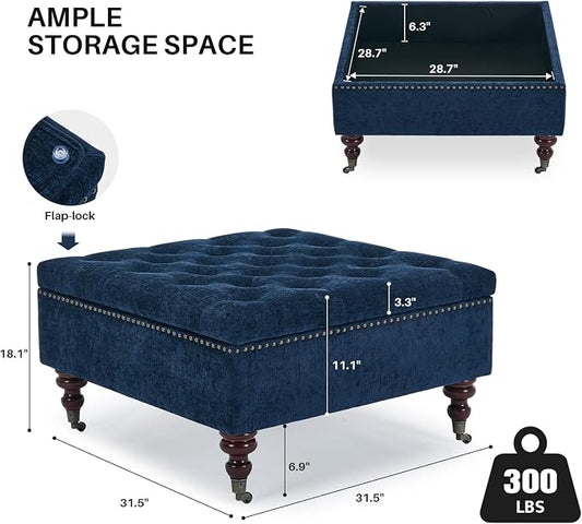 Large Square Storage Ottoman Uphlostered Tufted Button Coffee Table, Oversized Footrest Bench with Castered Rolling Wheels for Living Room, Dark Blue Chenille Waterproof