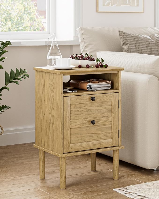 Nightstand, Boho Night Stand with 1 Drawers, Modern Side Accent Table with Open Shelf, Wooden Top Bedside End Table for Bedroom, Living Room, Yellow Oak
