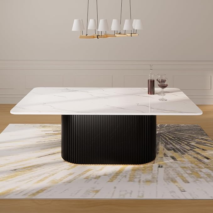 Morden Fort Marble Dining Table Set for 6, 70" Kitchen Table with White Rectangle Top and Black Fluted Base, 6 Modern Upholstered Chairs for Dining Room, Restaurant and Reception