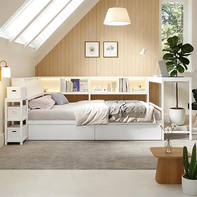 Bellemave Full Size Corner Bed Frame with Storage Bookcase & 2 Drawers, Modern Metal Full Daybed with LED Lights & Charging Station, Reversible Full Corner Bed with Desk for Space-Saving, White