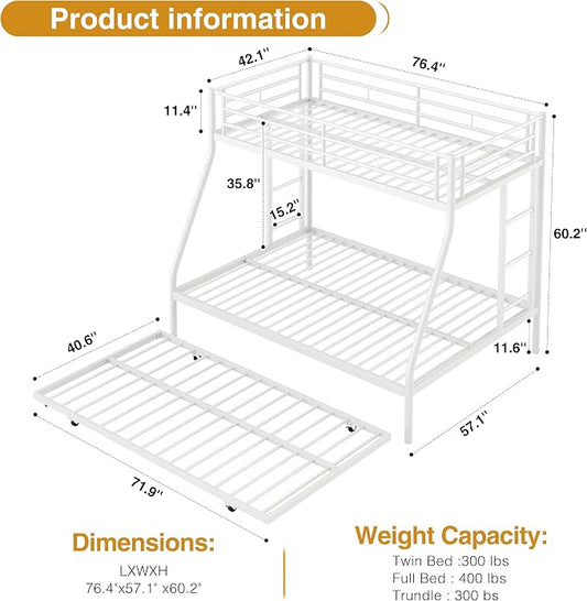 Nuturelly Metal Bunk Bed Twin Over Full with Trundle, Heavy Duty Steel Frame Bunk Bed Frame with Safety Guardrails & Ladder, Space Saving 3 Beds for Kids, Teens, Dorm, White