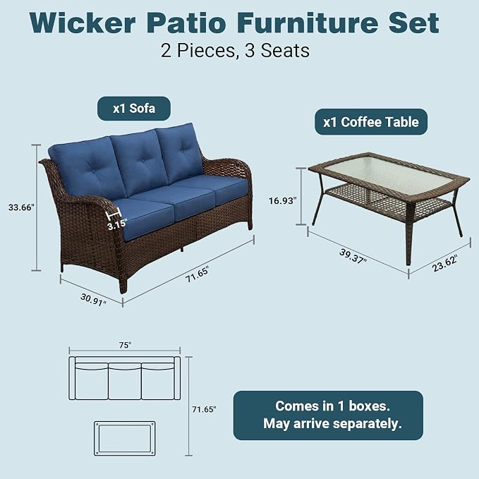 Patio Furniture Set, 2PCS Outdoor Wicker Conversation Set with 6" Thick Cushions, High Back Rattan Sofa, Weather Resistant Olefin Fabric for Garden, Poolside, Navy Blue