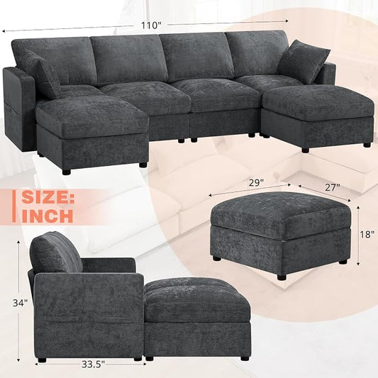 110” Chenille 4-Seats Sofa W/Two Movable Ottomans, Grey | Modern Fabric U-Shaped Couch w/Soft Backrests, Upholstered Sectional Sofa w/Arm Pillows for Living Room, Office