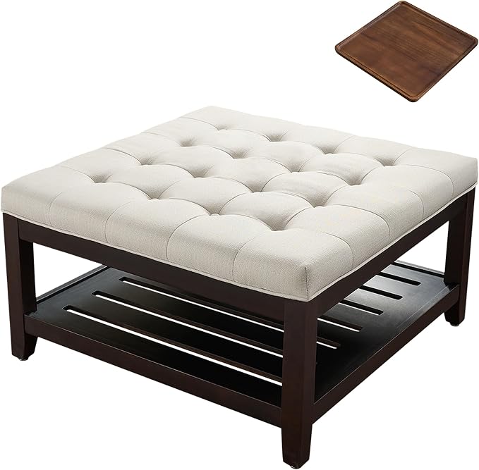 adochr 33'' Large Square Ottoman Coffee Table with Storage, Upholstered Button Tufted Footrest Ottoman with Solid Wooden Tray,Coffee Table for Living Room, Beige