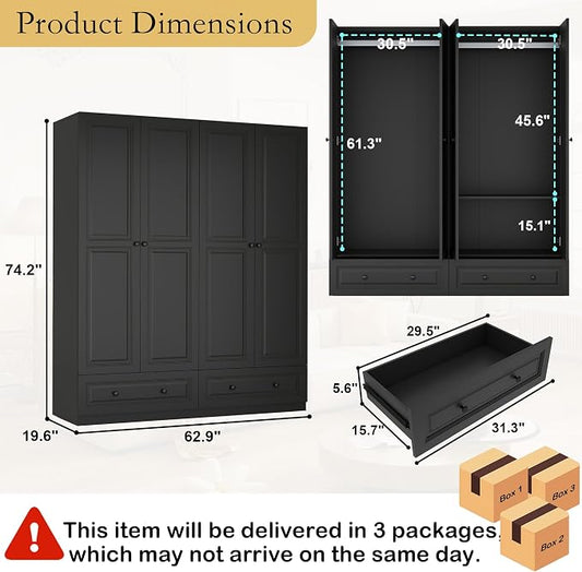 Armoire Wardrobe Closet with Drawers: 63" Black Wardrobe Closet with 4 Doors and 2 Drawers, Wood Clothes Armoire with Hanging Rod, Clothing Storage Cabinet for Bedroom