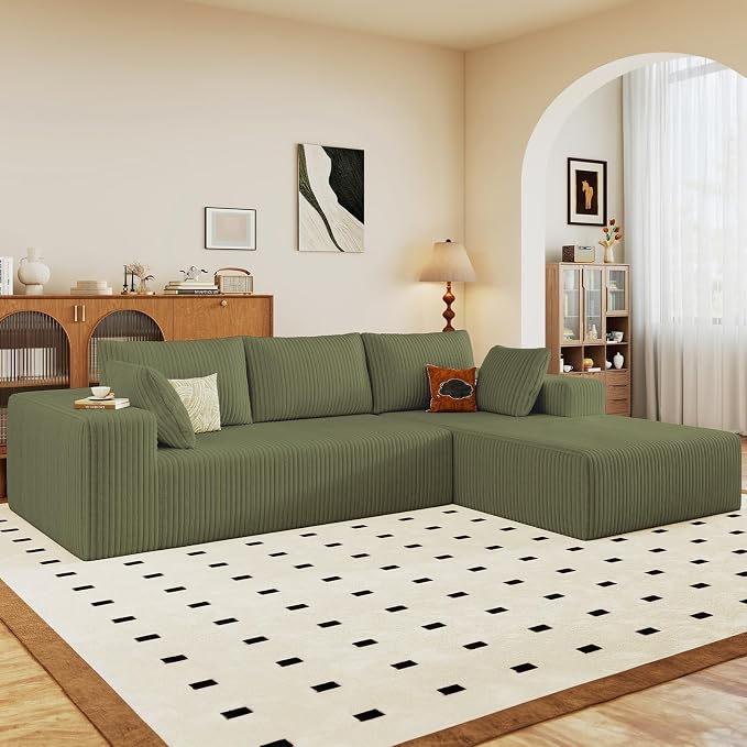 96" Modular Sectional Sofa, Modern Corduroy Cloud Couch with Deep Seat, Boneless Couch Upholstered 3-Seater L-Shaped Sofa for Living Room, No Assembly Required (Green, Right-Facing Chaise)