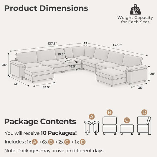 SITJOY Large Cloud Couch, 138" Wide 7 Seater V Shape, Light Gray Chenille | Detachable and Washable Chenille Cover Sectional Sofas for Living Room, Deep Seat Wide Couch with Chaise, Storage Ottoman