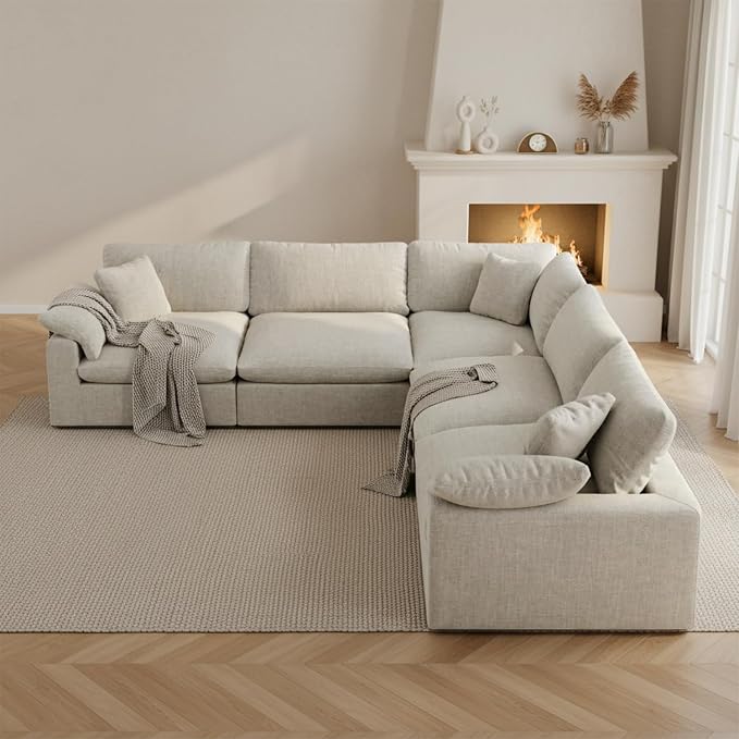 211.6" Cloud Modular Sectional Sofa,Light Beige Down Filled Sofa 5 Seat,Minimalist Sofa Cover Washable and Replaceable Couches for Living Room,Sectional Sofa Deep Seat