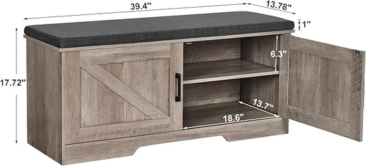 HOMSHO Farmhouse Shoe Storage Bench with 2 Barn Doors & Padded Seat Cushion | 39.4" Wide Entryway Bench with Adjustable Shelves & Hidden Storage, Greige