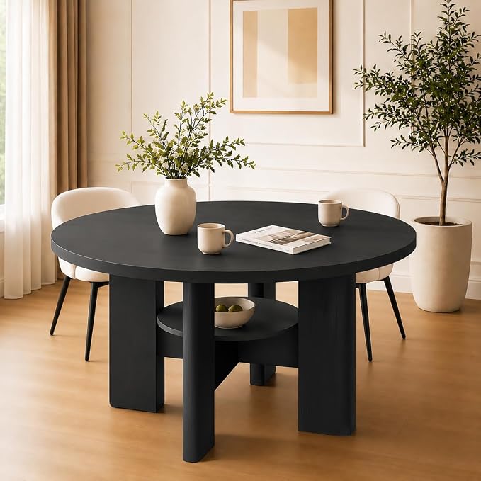 47" Round Dining Table for 4-6 People, Modern Wood Kitchen Table with Sculptural Curved Pedestal Base, 1.57" Thick Tabletop, Storage Shelf, Dining Room Table for Apartment,Black Grey