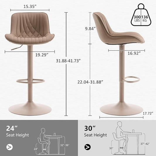 YOUTASTE Bar Stools Set of 2, Adjustable Swivel Counter Height Barstools with Back, All Khaki Faux Leather Upholstered Bar Chairs with Metal Base, Stools for Kitchen Island or Home Bar
