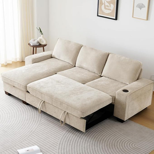 99" Convertible Sleeper Sofa Bed,L Shaped with Storage Chaise Pull Out Couch for Living Room,USB and Type-C,Removable Washable Chenille Covers (Beige)