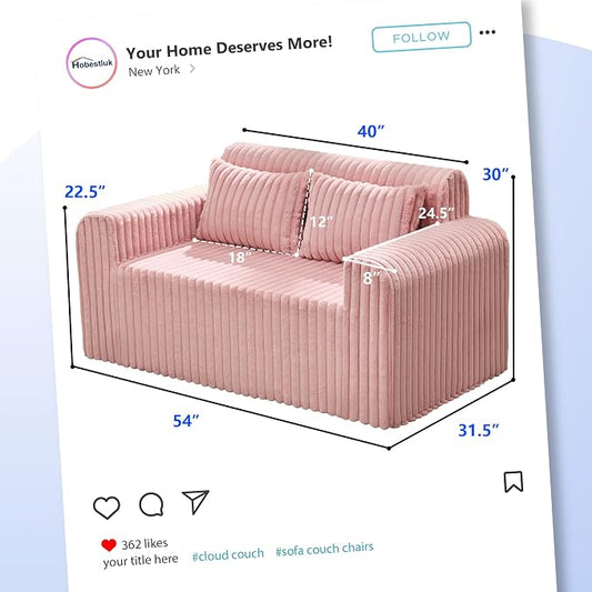 Hobestluk Couch Sofa 2-Seater Foam Sofa Loveseat for Small Spaces Comfy Sofas with Removable Cover Furry Couch with Pillows for Living Room, Bedroom, Apartment, Office (Pink, Loveseat)