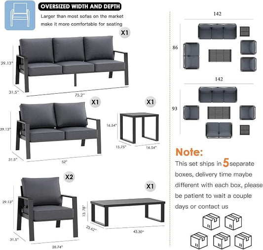 Outdoor Couch 3-Seat All-Weather Metal Outdoor Sofa, Oversized Patio Couch, Aluminum Patio Sofa with 5" Cushions (Black/Dark Grey)