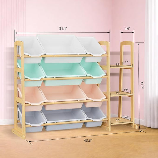 Kids Toy Storage Organizer with Bookshelf – Wooden Shelf with 12 Bins & 3 Shelves, Quick Assembly Storage Rack for Playroom, Bedroom, Nursery– Colorful
