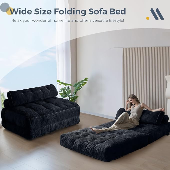 MAXYOYO Folding Sofa Bed, Convertible Chair with Pillow Foldable Couch with Back Support, Portable Fold Out Chair Bed Comfy Floor Sofa Lounge for Living Room Bedroom, Black Double