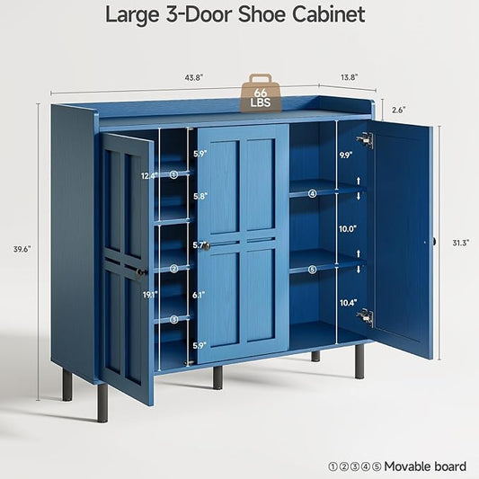 ONBRILL Shoe Cabinet with 3 Doors and Adjustable Shelves, 30 Pairs Shoe Storage Cabinet, 40 Inch Tall Farmhouse Shoe Rack Shoe Organizer Cabinet for Entryway Living Room Closet, Blue