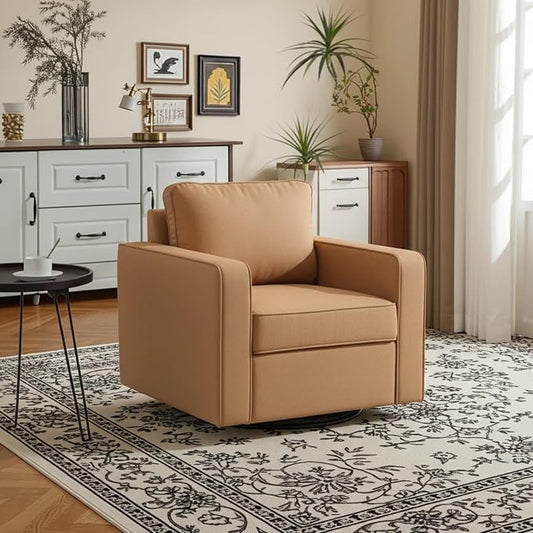 Aoiy & Wifon 33.6" W Swivel Accent Chair, Mid Century Modern Swivel Chair for Living Room, Comfy Small Accent Chair, PU Leather, Amber