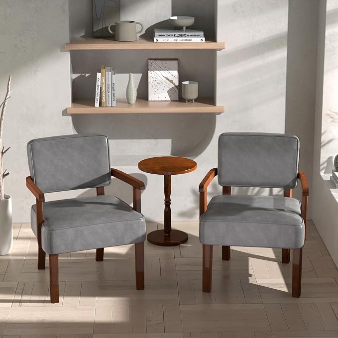 FAGAGA Accent Chair Set of 2 with Table, PU Leather Oversized Living Room Chairs with Soft Seat and Armrests, Armchair for Bedroom, Dinning, Reading and Waiting Rooms (Leather Gray)
