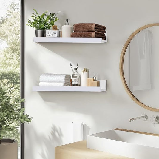 Muzilife 35.4" Large Floating Wall Ledge Shelves with Lip - Set of 2 Wood Floating Shelves - White Wall Mounted Picture Ledge for Office, Bathroom, Bedroom, Living Room, Kitchen