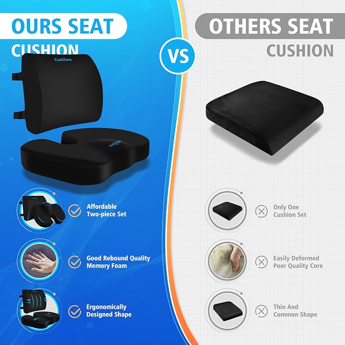 CushZone Seat Cushion, Lumbar Support Pillow with Adjustable Strap-Chair Cushions for Sciatica Pain Relief-with Washable Cover for Car, Travel and Wheelchair, Black, X-Large