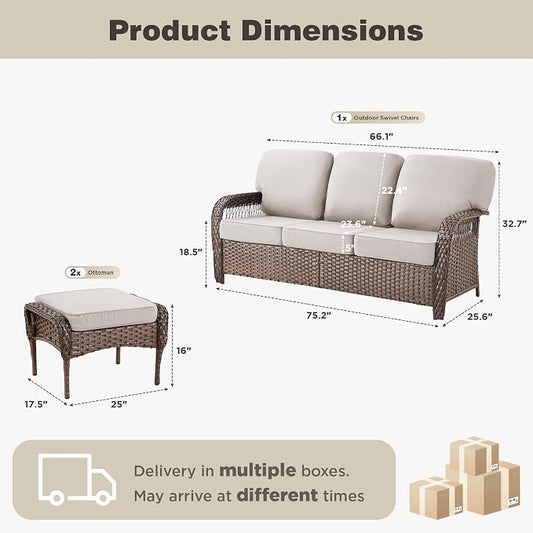Belord Luxury Outdoor High Back Couch with Ottoman, All-Weather Wicker 3-Seater Sofa, 3 Piece Patio Conversation Furniture Set,Beige