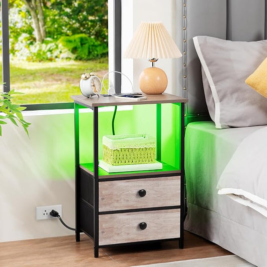 LOAKEKEL Night Stand Set 2, LED Nightstand with Charging Station, End Tables with Storage Shelf, Bedside Table with 2 Fabric Drawers for Bedroom, Small Spaces, Grey HETS02PGY