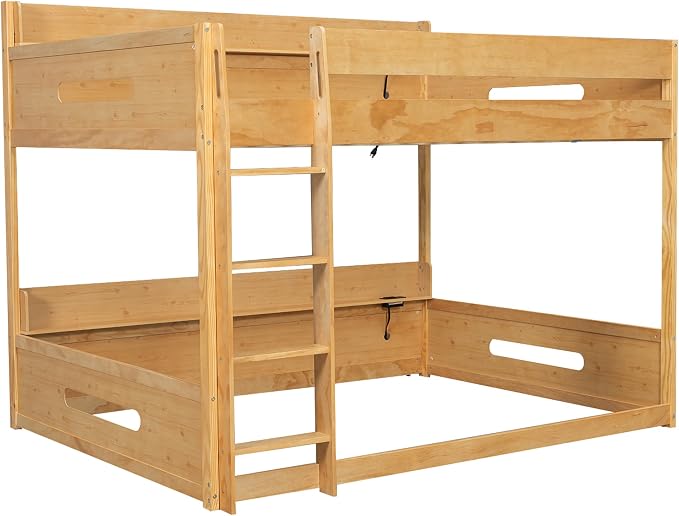 Wood Bunk Bed Queen over Queen Size with Built-in Storage Shelves and USB Ports on Upper and Lower, Versatile Bunk Bed Frame with Ladder and Guardrail for Kids Teens Adult, Maximize Space (Wood-1.1)