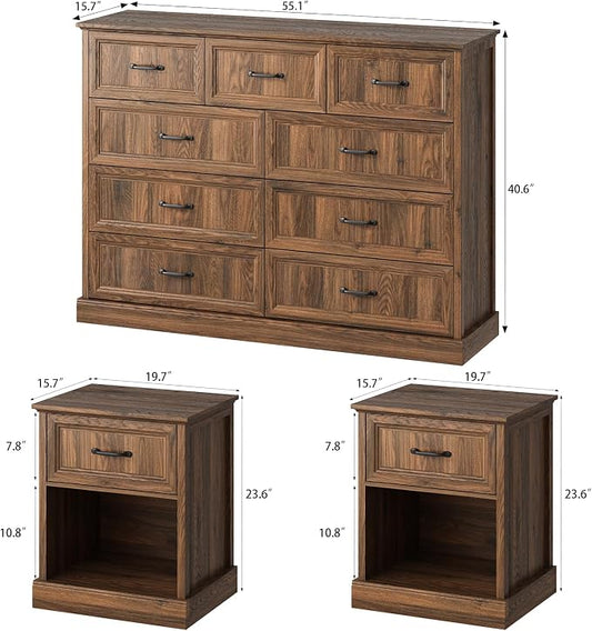 CARPETNAL Farmhouse Dresser and Nightstand Sets for Bedroom, 3 Pcs Bedroom Set, 9 Drawer Dresser & Nightstand Set of 2, Modern Wood Chest of Drawers for Bedroom, Living Room, Entryway, Brown