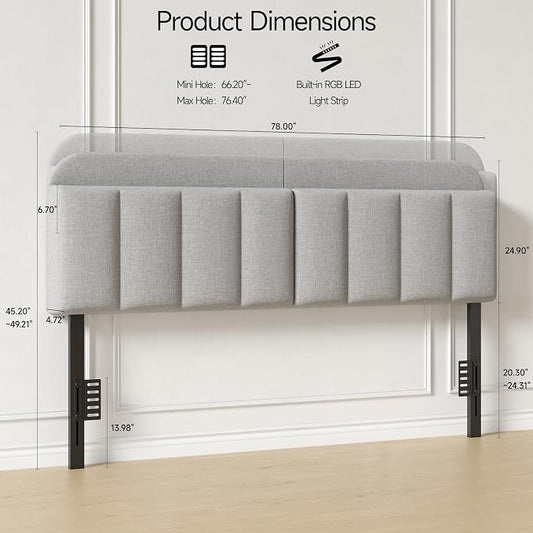 King Size Adjustable Headboard, Upholstered Headboard with Storage, APP Controlled LED Light, Padded Head Board Only, Sturdy Metal Foot Frame, Vertical Channel Design for Bedroom, Grey