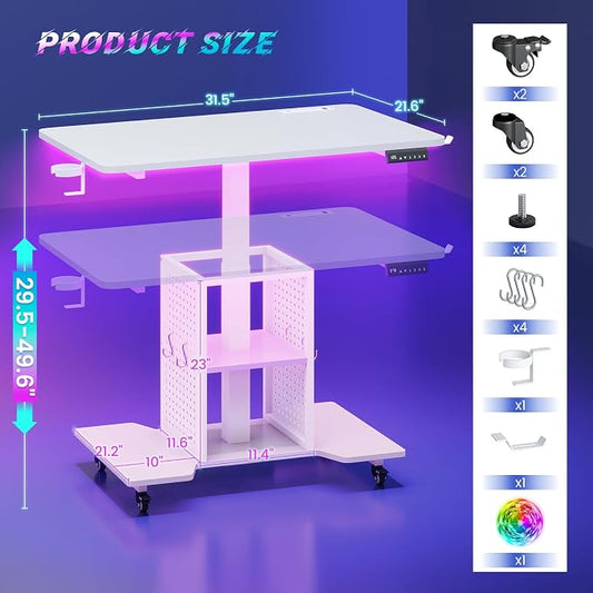 SEDETA Small Standing Gaming Desk, 31.5" Rolling Computer PC Desk Electric Height Adjustable with Power Outlet, Pegboard & Storage Shelves, RGB LED Light, for Small Spaces/Bedroom/Gaming, White