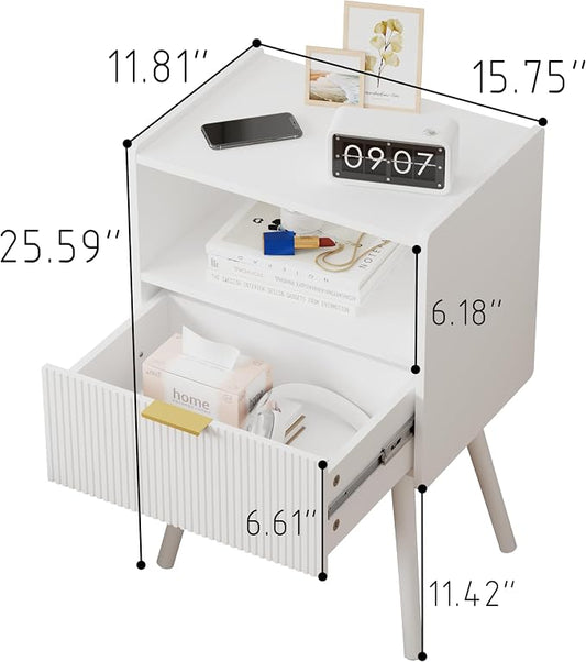 JOONEE White Nightstand,Modern Bedside Table with Storage Drawer and Open Wood Shelf, for Living Room, Bedroom and Small Spaces, Accent Night Stand with Solid Wood Legs, Easy Assembly,Classic White