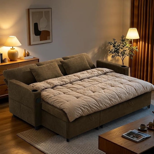 84" L-Shape Reversible Sectional Sofa Bed w/USB Port, Light Brown | Upholstery Sleeper Couch w/Adjustable Backrests & Storage Chaise, Chenille Modern Sofa w/Pull-Out Bed for Living Room