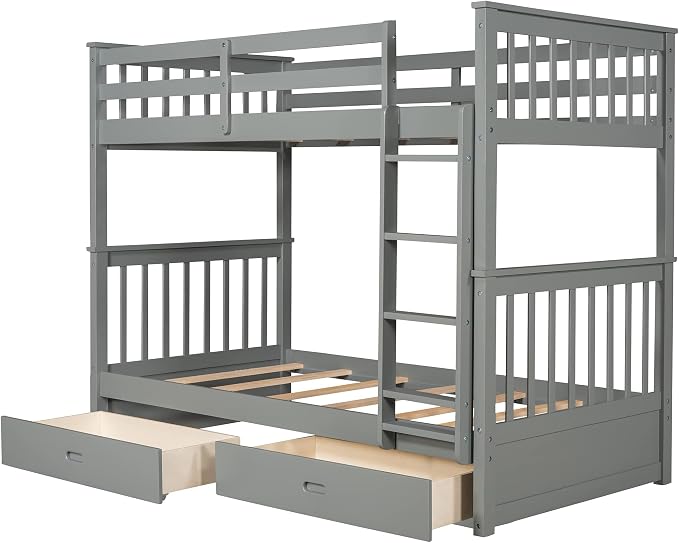 Merax Wood Bunk Bed with Drawers,Convertible Wood Bunk Bed with Ladders and Two Storage Drawers,Solid Wood Detachable Bunk Bed Frame with Ladders,Twin Over Twin Size,Grey