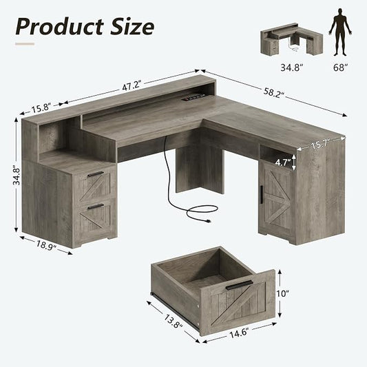 YOMILUVE 63" Farmhouse L Shaped Executive Desk with Drawers & Storage Shelf, Corner Computer Desk with Power Outlets, L Shaped Office Desk with Monitor Stand, Printer Shelf, Gray