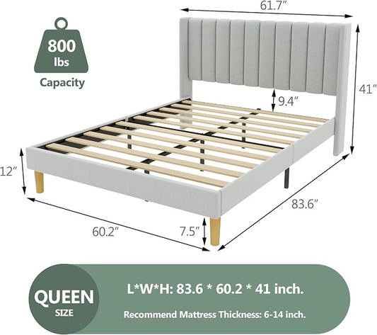 alazyhome Platform Bed Frame Queen Size with Upholstered Headboard, Solid Wood Slats Support, No Box Spring Needed, Noise Free, Easy Assembly, Modern Fabric Bed, Light Grey
