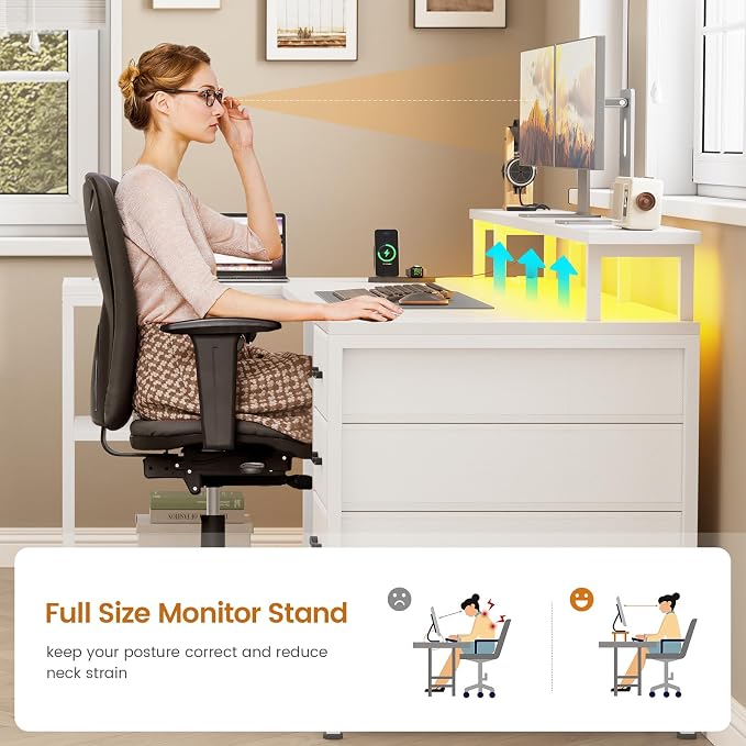 SEDETA L Shaped Desk with 4 Drawers and Storage Shelves, L Shaped Gaming Desk with LED Lights & Power Outlets, Computer Desk with Shelves & Drawer, Corner Desk Home Office Desk, White