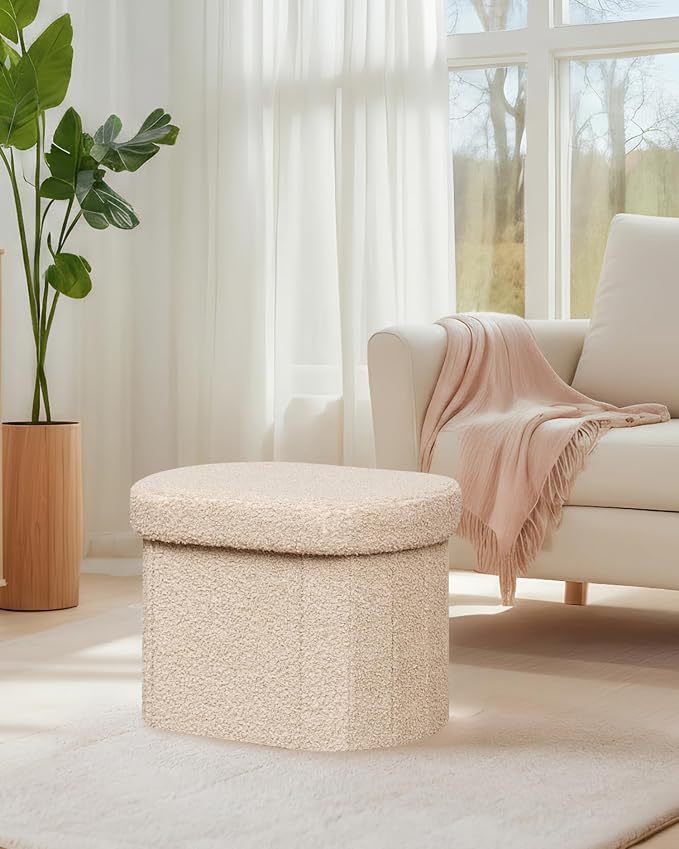 B FSOBEIIALEO Storage Ottoman for Dorm Room, Boucle Folding Storage Ottoman Foot Rest, 16.14 Inches Small Collapsible Ottoman Cube for Living Room Beige
