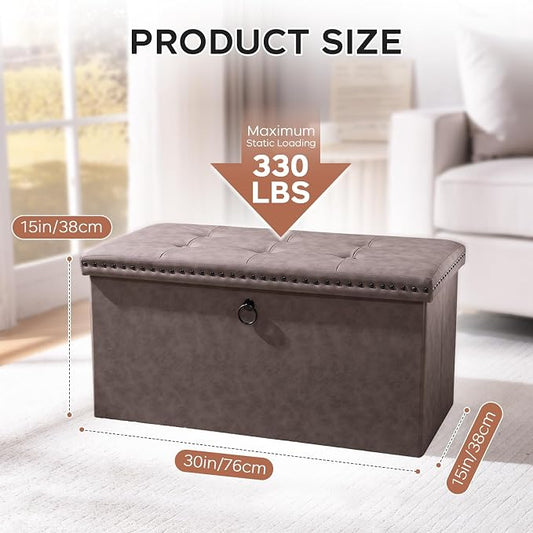 30 Inches Storage Ottoman Bench, Foldable Foot Rest with Rivet Design, 15 x 30 x 15 Inches, End of Bed Bench Footstool, Storage Chest, Load up to 330 lb, for Living Room, Bedroom, Entryway, Oak Brown