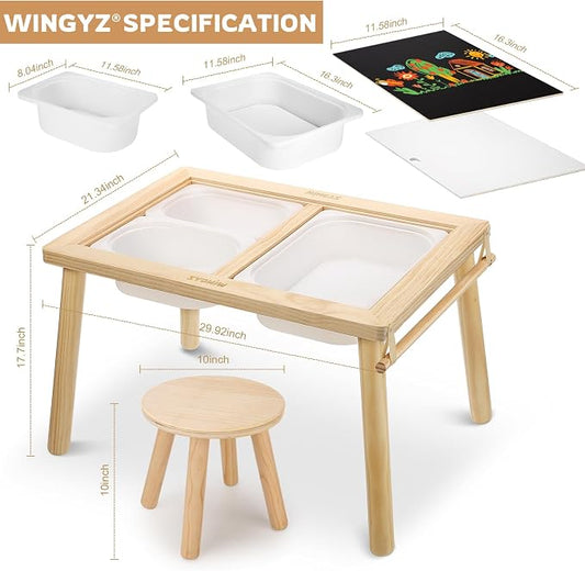 WINGYZ Sensory Table and Chair Set, 3 in 1 Kids Table for Play Study Art Dining Toys Storage, Sensory Activity Tables for Toddler with Storage Bins, Children's Gifts for Boys and Girls