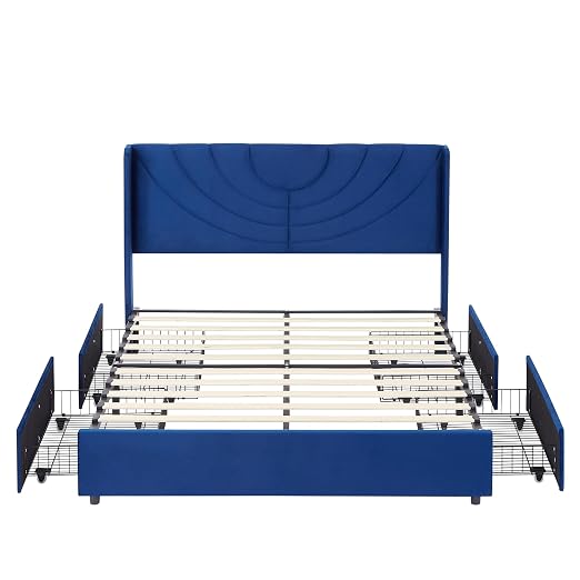 VECELO Full Bed Frame Upholstered Platform with 4 Drawers&Fabric Headboard,Wooden Slats Support/No Box Spring Needed/Mattress Foundation,Dark Blue