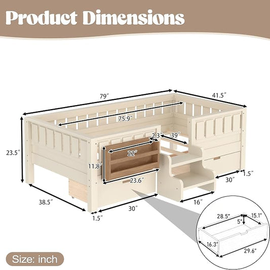 Bellemave Twin Montessori Bed with Stairs, Rails and Slats, Twin Size Montessori Floor Bed with Bookshelf and 2 Storage Drawers, Easy Assemble Beds Frame for Girls, Boys, Beige